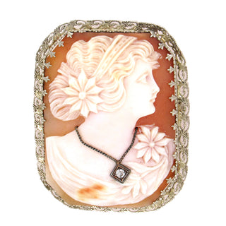 Shell Cameo Brooch with Diamond Necklace