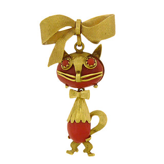 Coral Cat Brooch