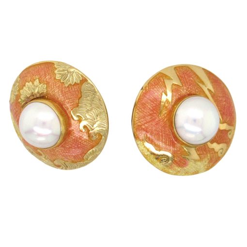 Estate Enamel Pearl Clip-On Earrings - Image 2