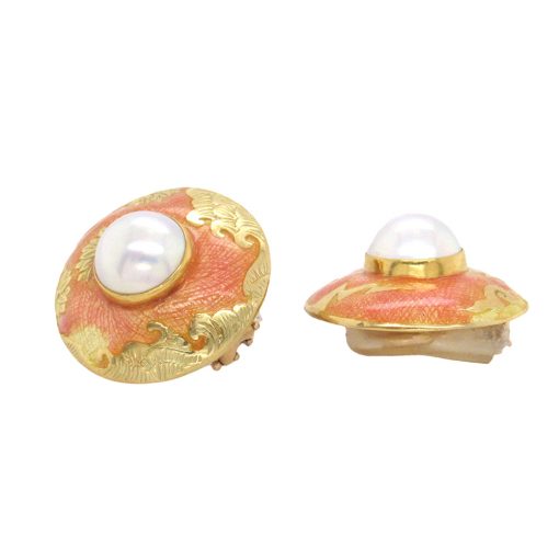 Estate Enamel Pearl Clip-On Earrings - Image 3