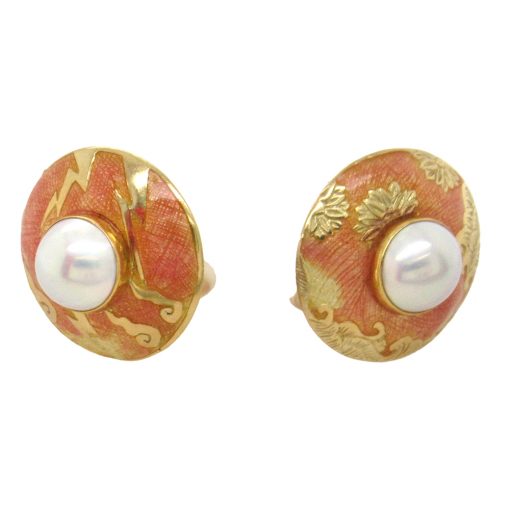 Estate Enamel Pearl Clip-On Earrings - Image 4