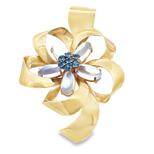 Vintage 14K Gold Moonstone Sapphire Brooch - Image 6